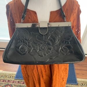 Patricia Nash Black Leather Frame Bag – Vintage Floral Embossed – Shoulder